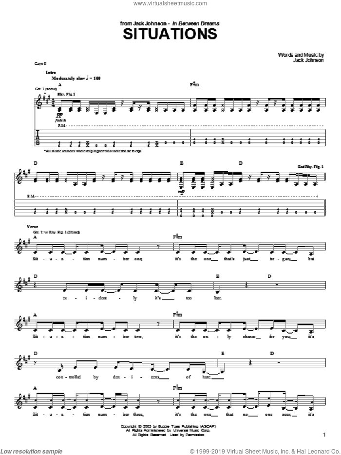 Situations sheet music for guitar (tablature) by Jack Johnson, intermediate skill level