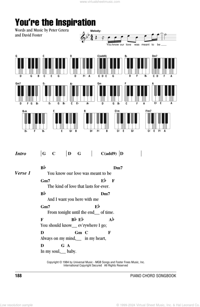 You're The Inspiration sheet music for piano solo (chords, lyrics, melody) by Chicago, David Foster and Peter Cetera, wedding score, intermediate piano (chords, lyrics, melody)