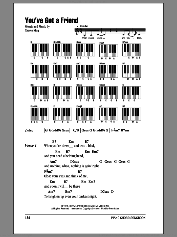 You've Got A Friend sheet music for piano solo (chords, lyrics, melody) by James Taylor and Carole King, intermediate piano (chords, lyrics, melody)