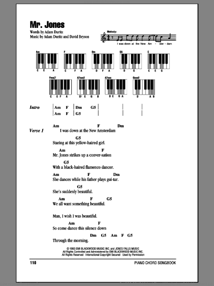 Mr. Jones sheet music for piano solo (chords, lyrics, melody) by Counting Crows, Adam Duritz and David Bryson, intermediate piano (chords, lyrics, melody)