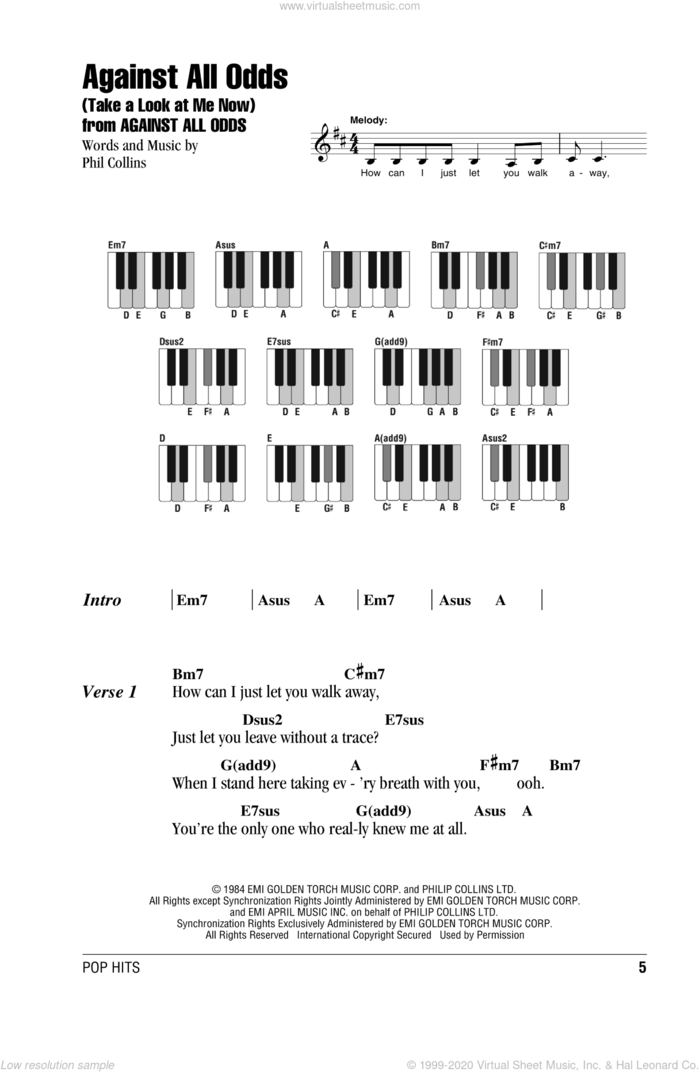 Against All Odds (Take A Look At Me Now) sheet music for piano solo (chords, lyrics, melody) by Phil Collins, intermediate piano (chords, lyrics, melody)