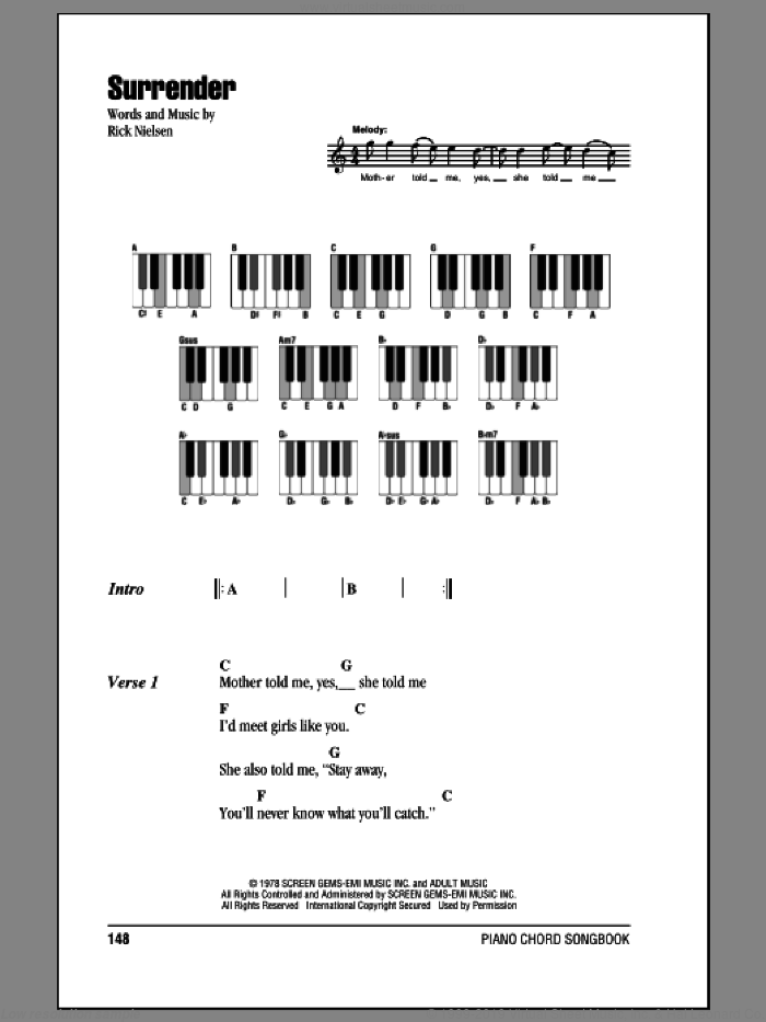 Surrender sheet music for piano solo (chords, lyrics, melody) by Cheap Trick and Rick Nielsen, intermediate piano (chords, lyrics, melody)