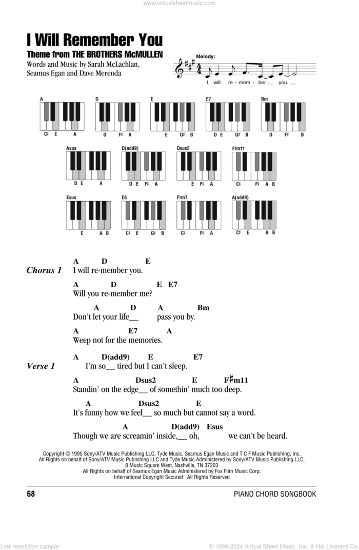 I Will Remember You sheet music for piano solo (chords, lyrics, melody) by Sarah McLachlan, Dave Merenda and Seamus Egan, intermediate piano (chords, lyrics, melody)