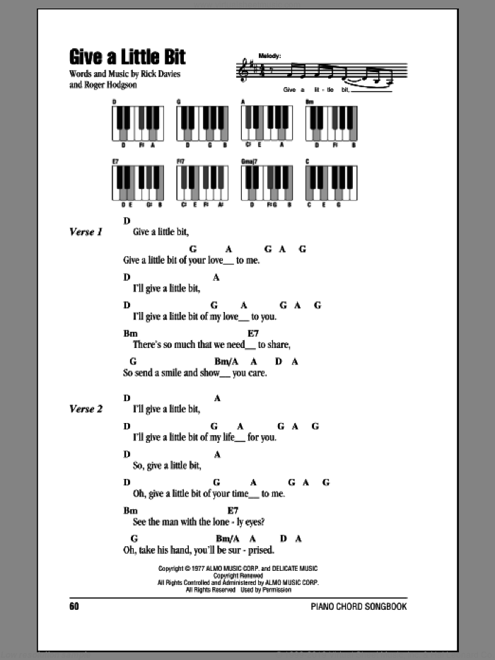 Give A Little Bit sheet music for piano solo (chords, lyrics, melody) by Supertramp, Rick Davies and Roger Hodgson, intermediate piano (chords, lyrics, melody)