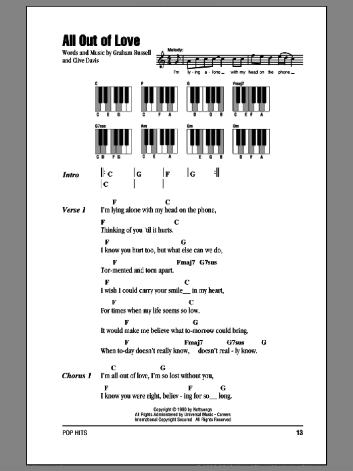 All Out Of Love sheet music for piano solo (chords, lyrics, melody) by Air Supply, Clive Davis and Graham Russell, intermediate piano (chords, lyrics, melody)