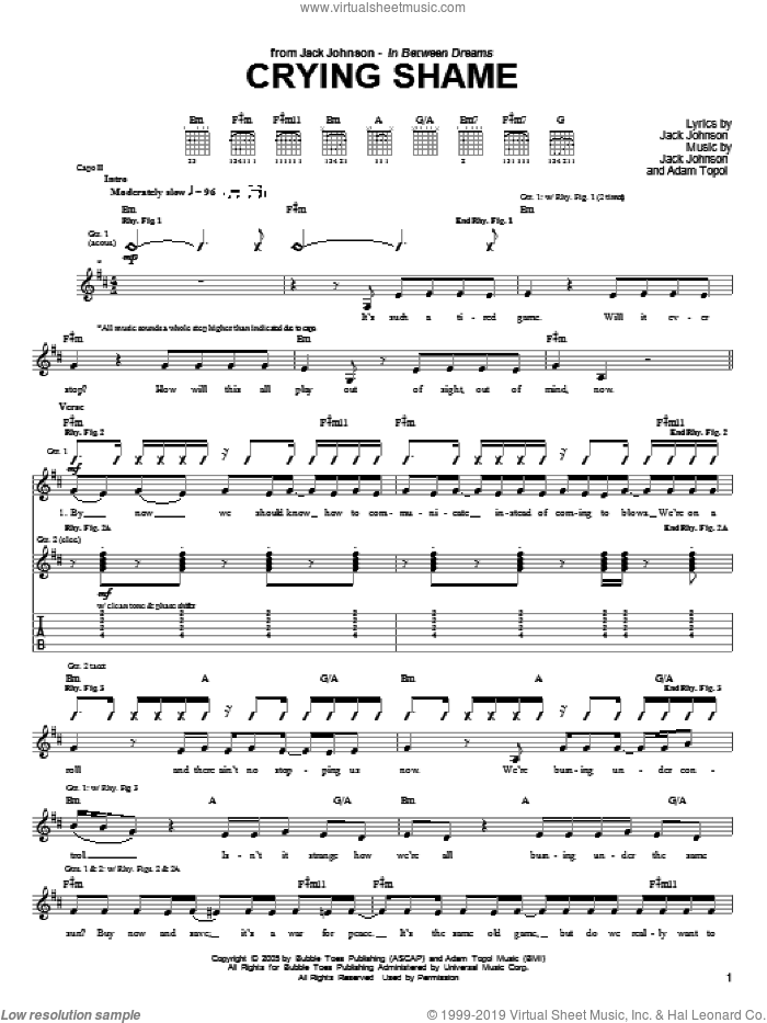 Crying Shame sheet music for guitar (tablature) by Jack Johnson and Adam Topol, intermediate skill level