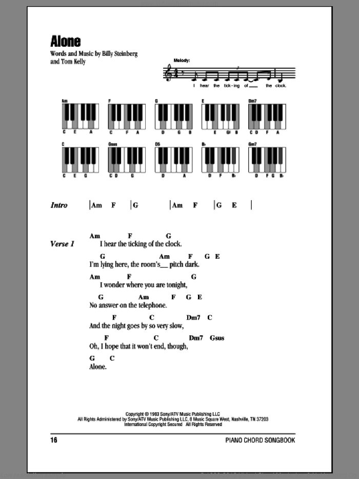 Alone sheet music for piano solo (chords, lyrics, melody) by Heart, Billy Steinberg and Tom Kelly, intermediate piano (chords, lyrics, melody)