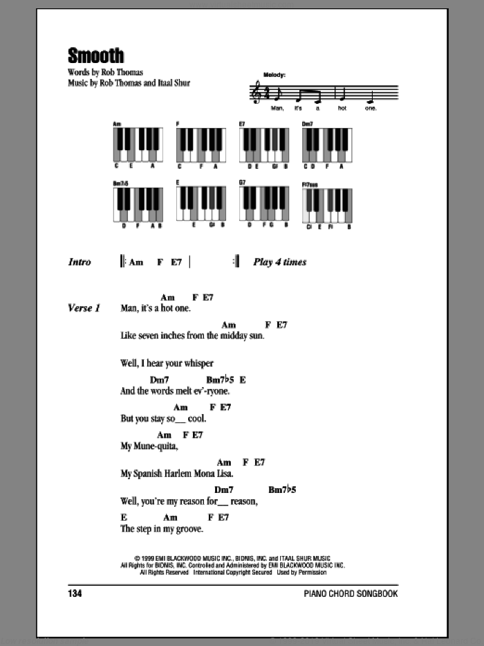 Smooth (feat. Rob Thomas) sheet music for piano solo (chords, lyrics, melody) by Santana featuring Rob Thomas, Carlos Santana, Itaal Shur and Rob Thomas, intermediate piano (chords, lyrics, melody)