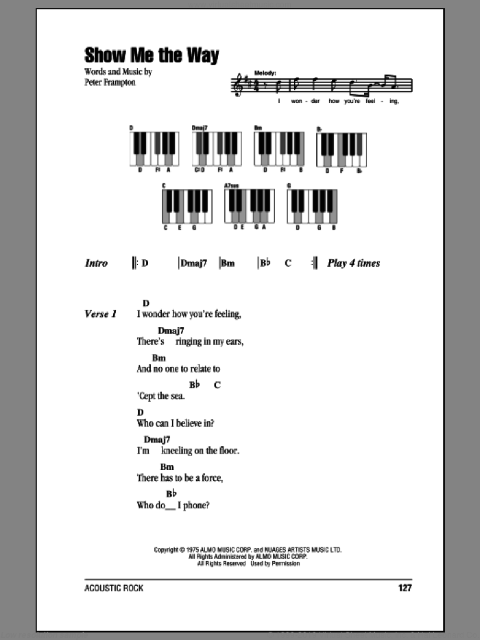 Show Me The Way sheet music for piano solo (chords, lyrics, melody) by Peter Frampton, intermediate piano (chords, lyrics, melody)