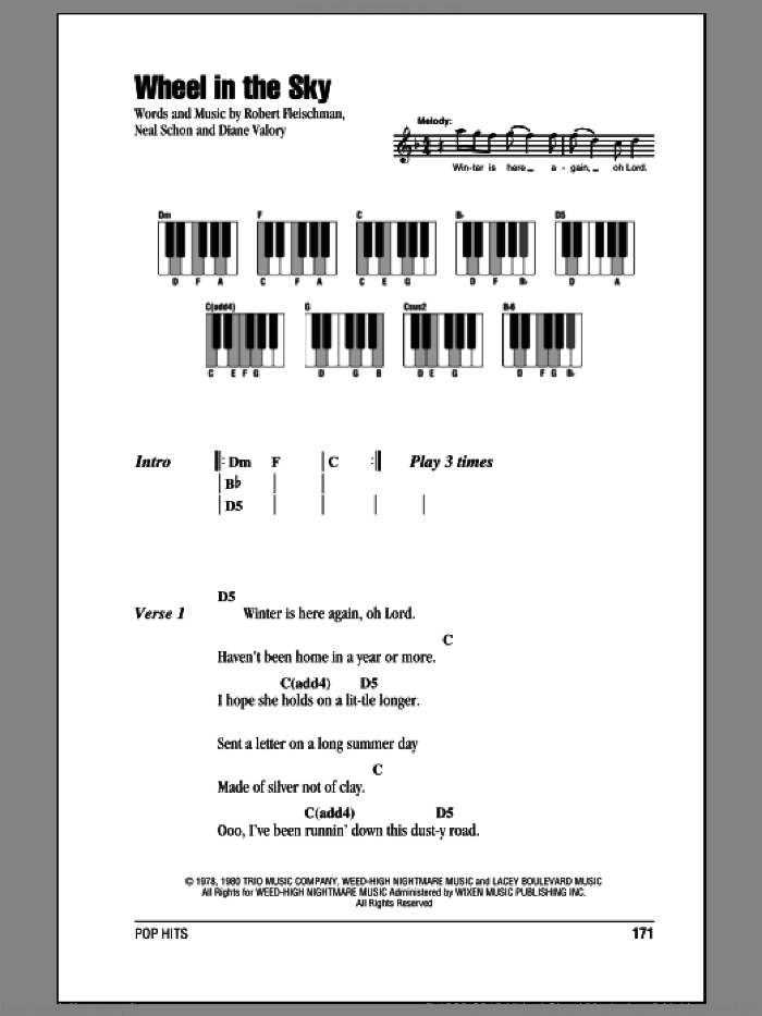 Wheel In The Sky sheet music for piano solo (chords, lyrics, melody) by Journey, Diane Valory, Neal Schon and Robert Fleischman, intermediate piano (chords, lyrics, melody)