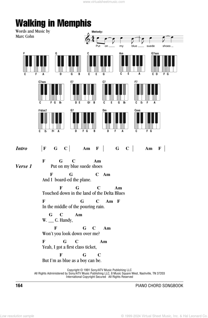 Walking In Memphis sheet music for piano solo (chords, lyrics, melody) by Marc Cohn, intermediate piano (chords, lyrics, melody)