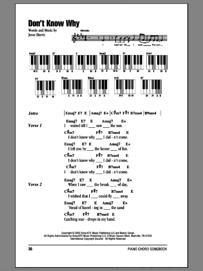 Don't Know Why sheet music for piano solo (chords, lyrics, melody) by Norah Jones and Jesse Harris, intermediate piano (chords, lyrics, melody)