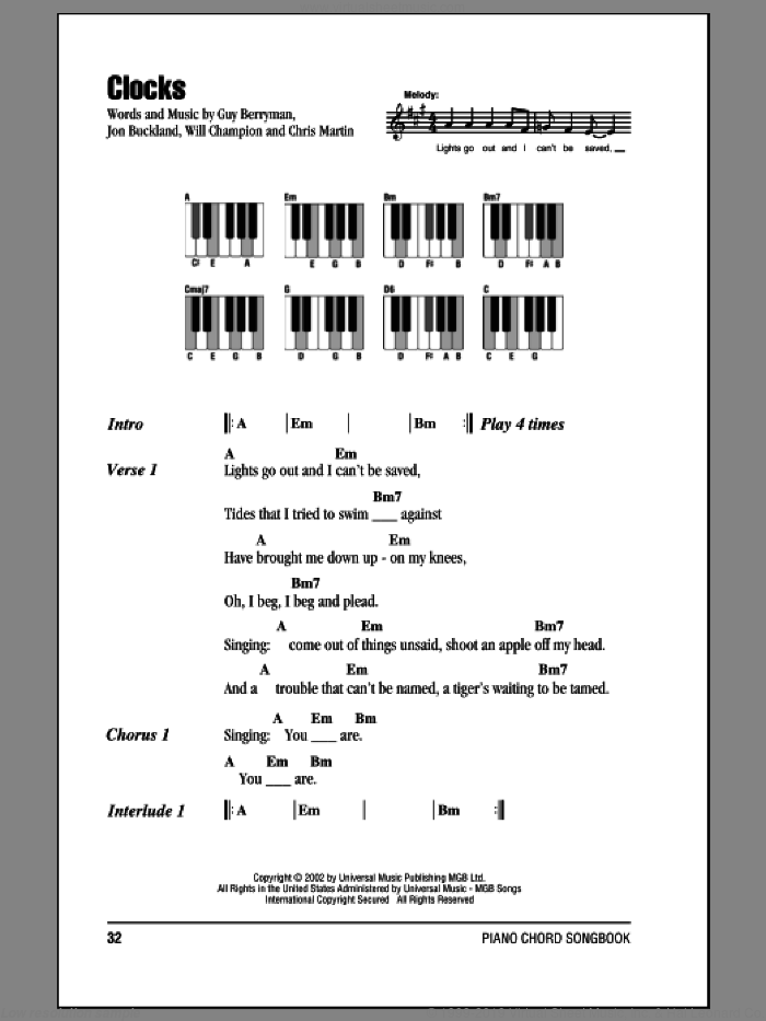 Clocks sheet music for piano solo (chords, lyrics, melody) by Coldplay, Chris Martin, Guy Berryman, Jon Buckland and Will Champion, intermediate piano (chords, lyrics, melody)