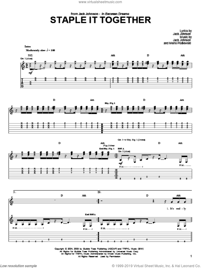 Staple It Together sheet music for guitar (tablature) by Jack Johnson and Merlo Podlewski, intermediate skill level