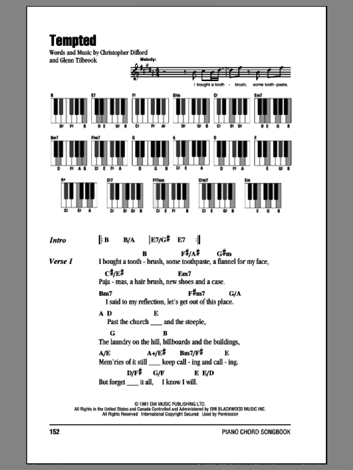Tempted sheet music for piano solo (chords, lyrics, melody) by Squeeze, Christopher Difford, Glenn Tilbrook and Joe Cocker, intermediate piano (chords, lyrics, melody)