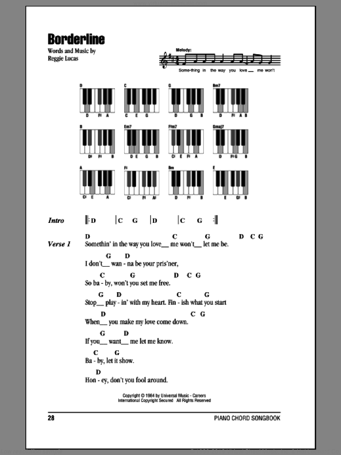 Borderline sheet music for piano solo (chords, lyrics, melody) by Madonna and Reggie Lucas, intermediate piano (chords, lyrics, melody)