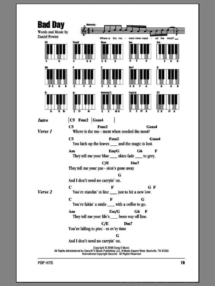 Bad Day sheet music for piano solo (chords, lyrics, melody) by Daniel Powter, intermediate piano (chords, lyrics, melody)