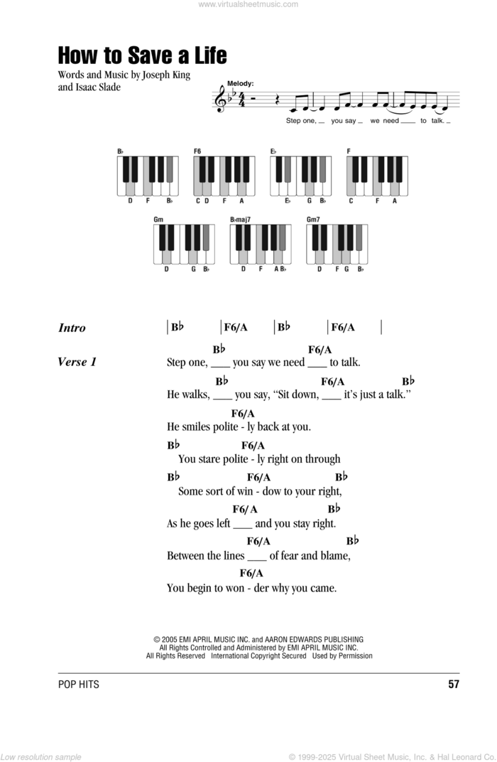 How To Save A Life sheet music for piano solo (chords, lyrics, melody) by The Fray, Isaac Slade and Joseph King, intermediate piano (chords, lyrics, melody)