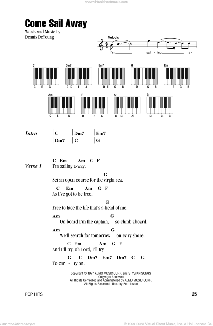 Come Sail Away sheet music for piano solo (chords, lyrics, melody) by Styx and Dennis DeYoung, intermediate piano (chords, lyrics, melody)