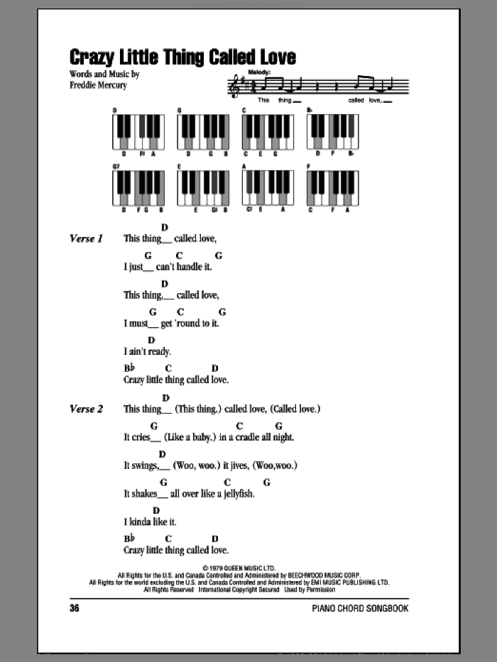 Crazy Little Thing Called Love sheet music for piano solo (chords, lyrics, melody) by Queen and Freddie Mercury, intermediate piano (chords, lyrics, melody)