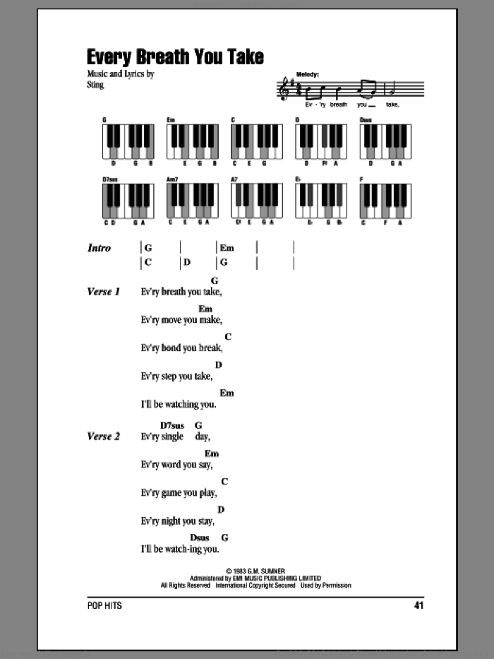 Every Breath You Take sheet music for piano solo (chords, lyrics, melody) by The Police and Sting, intermediate piano (chords, lyrics, melody)