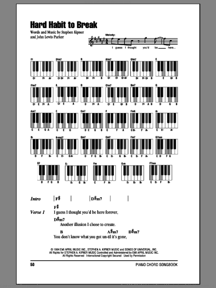 Hard Habit To Break sheet music for piano solo (chords, lyrics, melody) by Chicago, John Parker and Steve Kipner, wedding score, intermediate piano (chords, lyrics, melody)