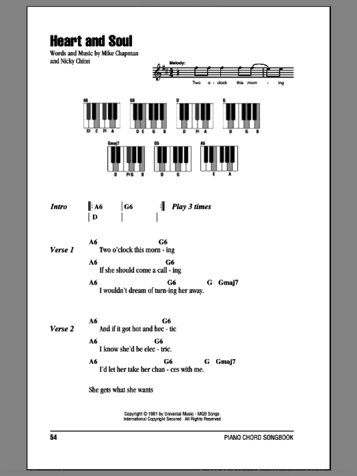 Heart And Soul sheet music for piano solo (chords, lyrics, melody) by Huey Lewis & The News, Mike Chapman and Nicky Chinn, intermediate piano (chords, lyrics, melody)
