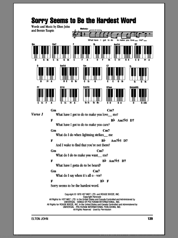 Sorry Seems To Be The Hardest Word sheet music for piano solo (chords, lyrics, melody) by Elton John and Bernie Taupin, intermediate piano (chords, lyrics, melody)