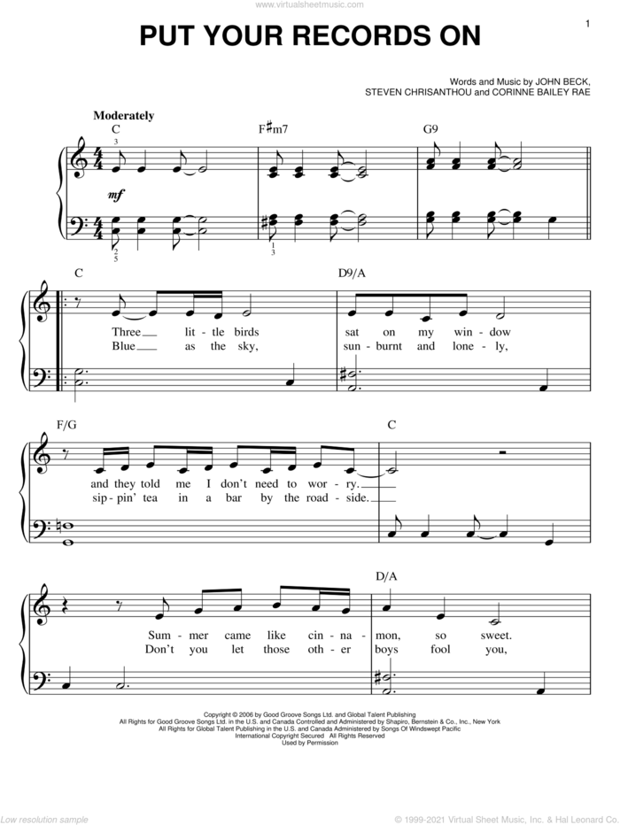 Put Your Records On, (easy) sheet music for piano solo by Corinne Bailey Rae, John Beck and Steven Crisanthou, easy skill level