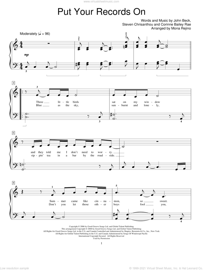 Put Your Records On sheet music for piano solo (elementary) by Corinne Bailey Rae, Mona Rejino, John Beck and Steven Crisanthou, beginner piano (elementary)