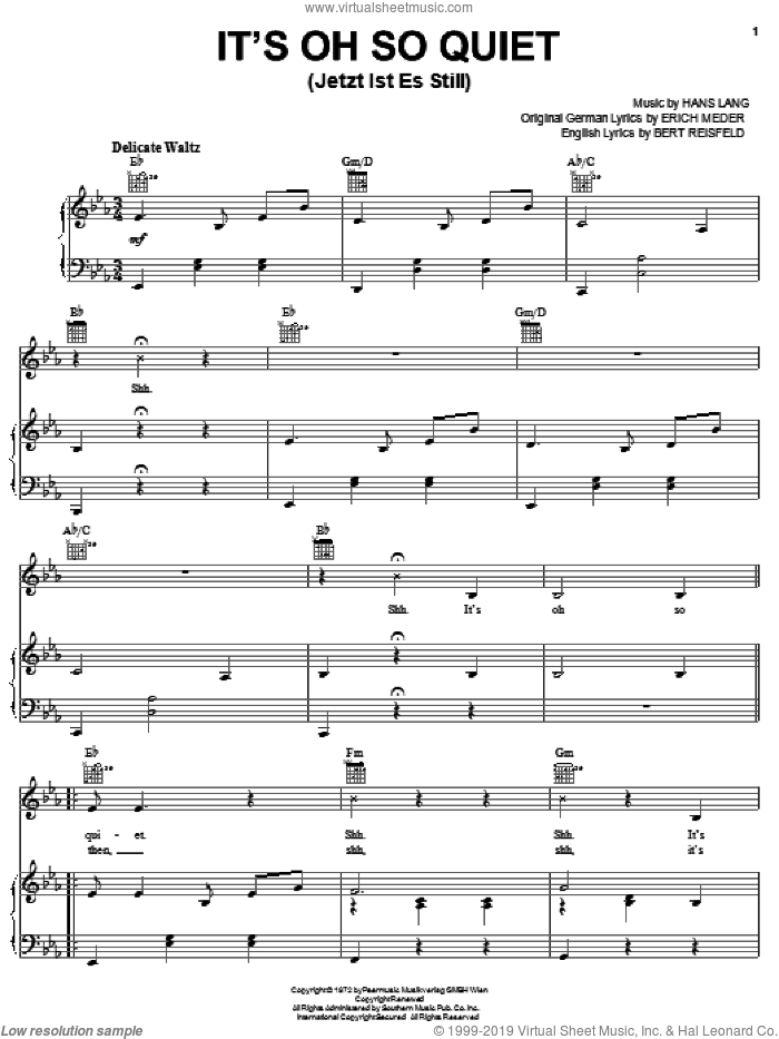 It's Oh So Quiet (Jetzt Ist Es Still) sheet music for voice, piano or guitar by Lucy Woodward, Ice Princess (Movie), Bert Reisfeld, Erich Meder and Hans Lang, intermediate skill level