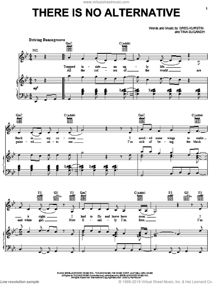 There Is No Alternative (from Ice Princess) sheet music for voice, piano or guitar by Tina Sugandh, Ice Princess (Movie) and Greg Kurstin, intermediate skill level