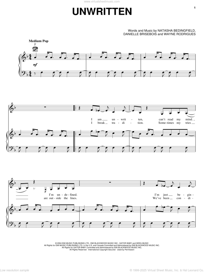 Unwritten sheet music for voice, piano or guitar by Natasha Bedingfield, Ice Princess (Movie), Danielle Brisebois and Wayne Rodrigues, intermediate skill level