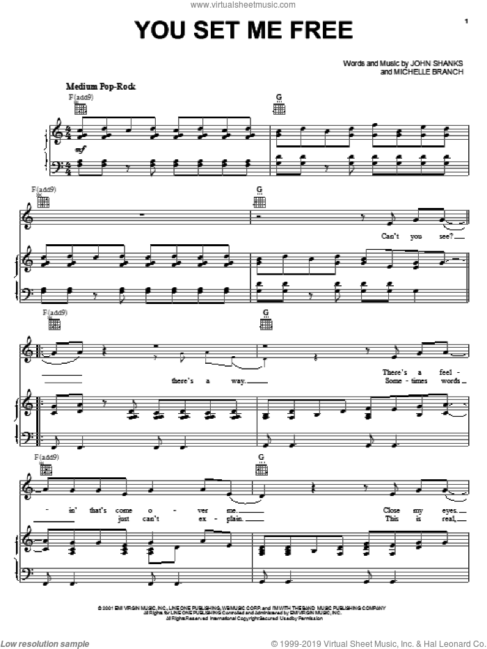 You Set Me Free sheet music for voice, piano or guitar by Michelle Branch, Ice Princess (Movie) and John Shanks, intermediate skill level