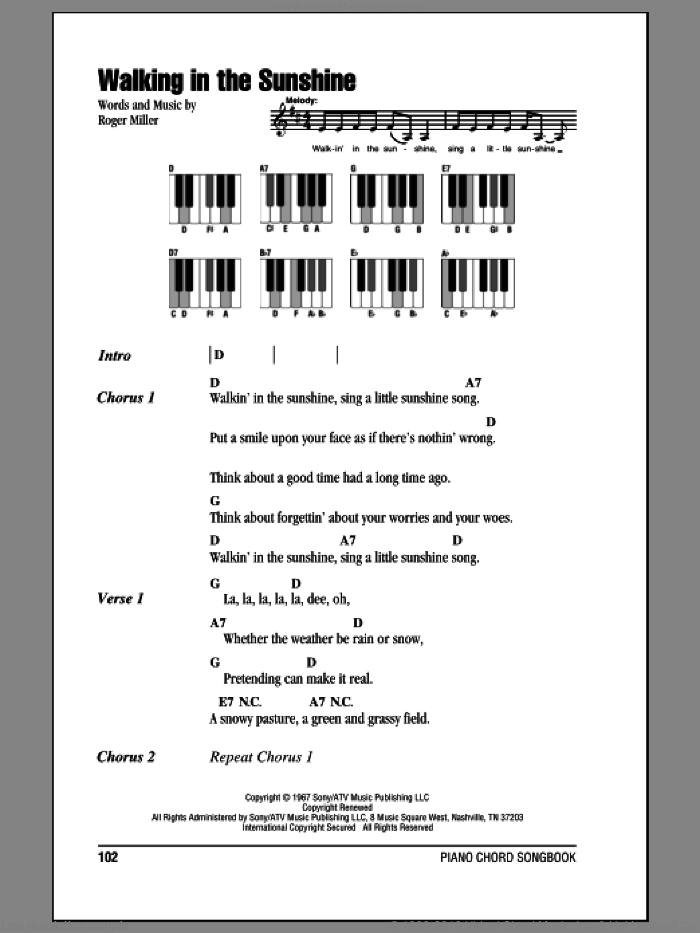 Walking In The Sunshine sheet music for piano solo (chords, lyrics, melody) by Roger Miller, intermediate piano (chords, lyrics, melody)