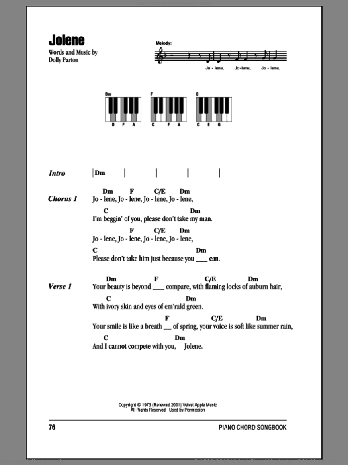 Jolene sheet music for piano solo (chords, lyrics, melody) by Dolly Parton, intermediate piano (chords, lyrics, melody)