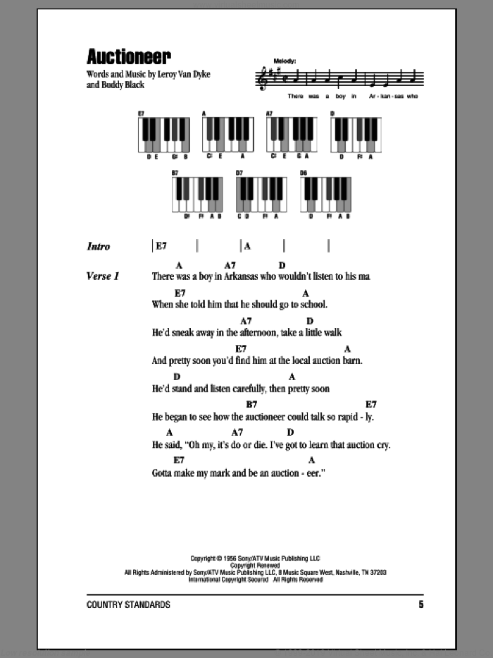 Auctioneer sheet music for piano solo (chords, lyrics, melody) by Leroy Van Dyke and Buddy Black, intermediate piano (chords, lyrics, melody)