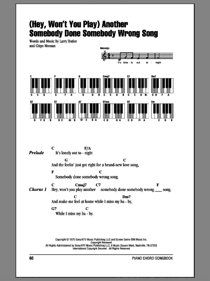 (Hey, Won't You Play) Another Somebody Done Somebody Wrong Song sheet music for piano solo (chords, lyrics, melody) by B.J. Thomas, Chips Moman and Larry Butler, intermediate piano (chords, lyrics, melody)