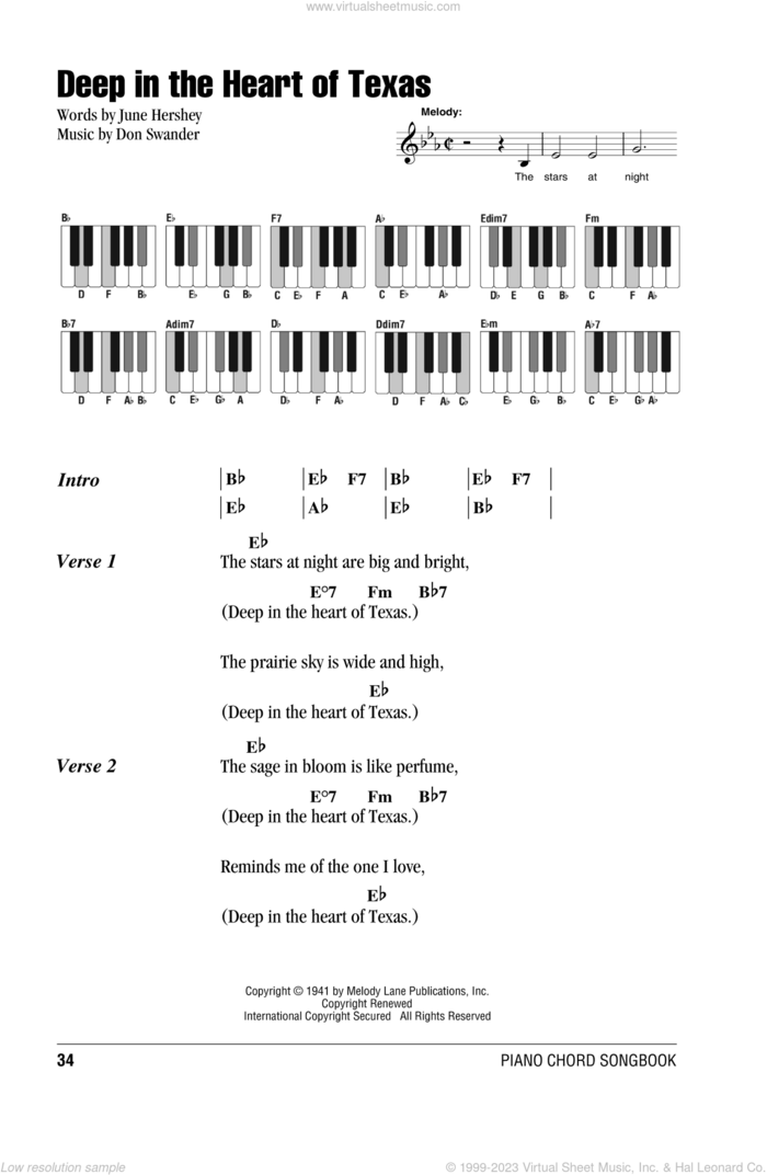 Deep In The Heart Of Texas sheet music for piano solo (chords, lyrics, melody) by Alvino Rey & His Orchestra, Don Swander and June Hershey, intermediate piano (chords, lyrics, melody)