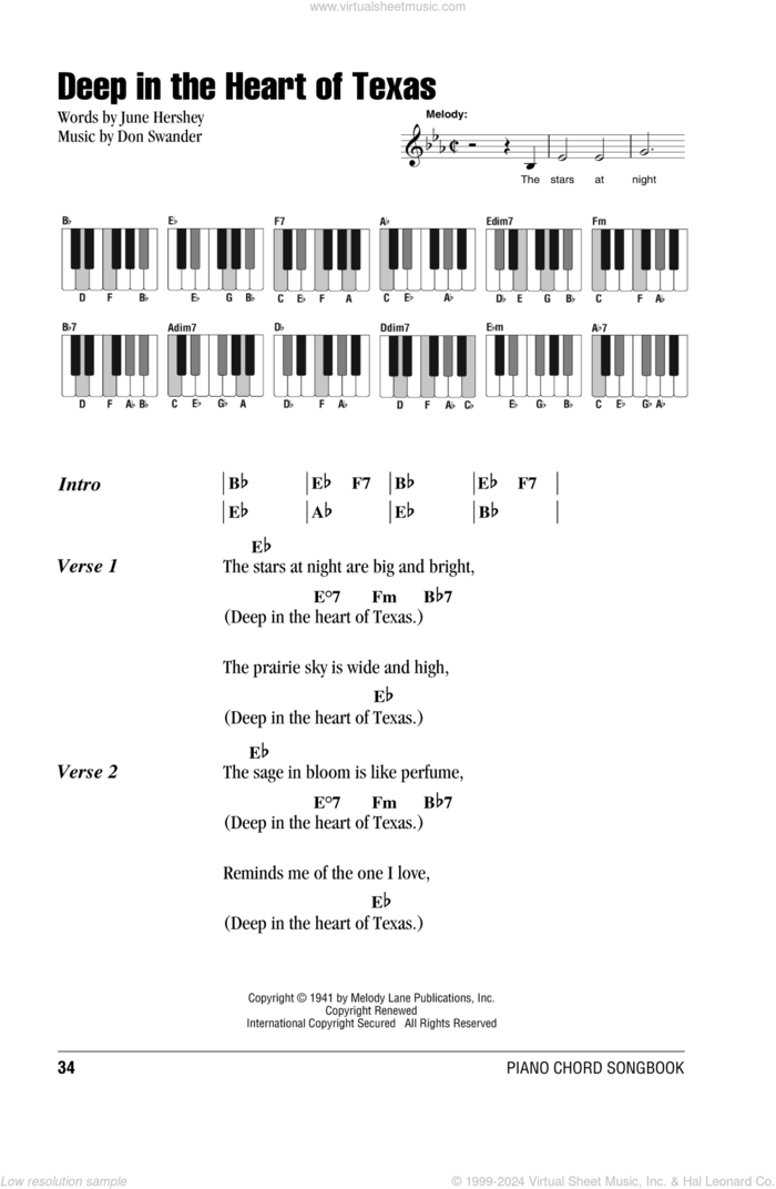 Deep In The Heart Of Texas sheet music for piano solo (chords, lyrics, melody) by Alvino Rey & His Orchestra, Don Swander and June Hershey, intermediate piano (chords, lyrics, melody)