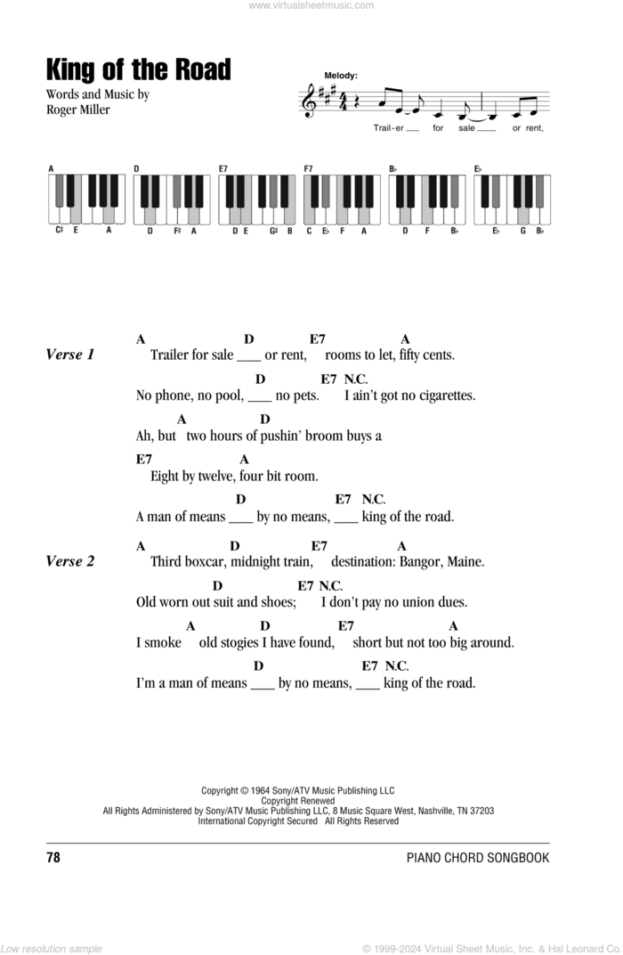 King Of The Road sheet music for piano solo (chords, lyrics, melody) by Roger Miller, intermediate piano (chords, lyrics, melody)