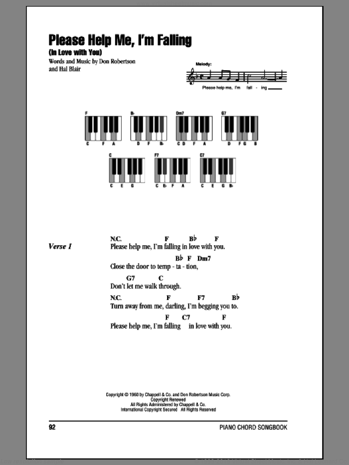 Please Help Me, I'm Falling (In Love With You) sheet music for piano solo (chords, lyrics, melody) by Hank Locklin, Don Robertson and Hal Blair, intermediate piano (chords, lyrics, melody)