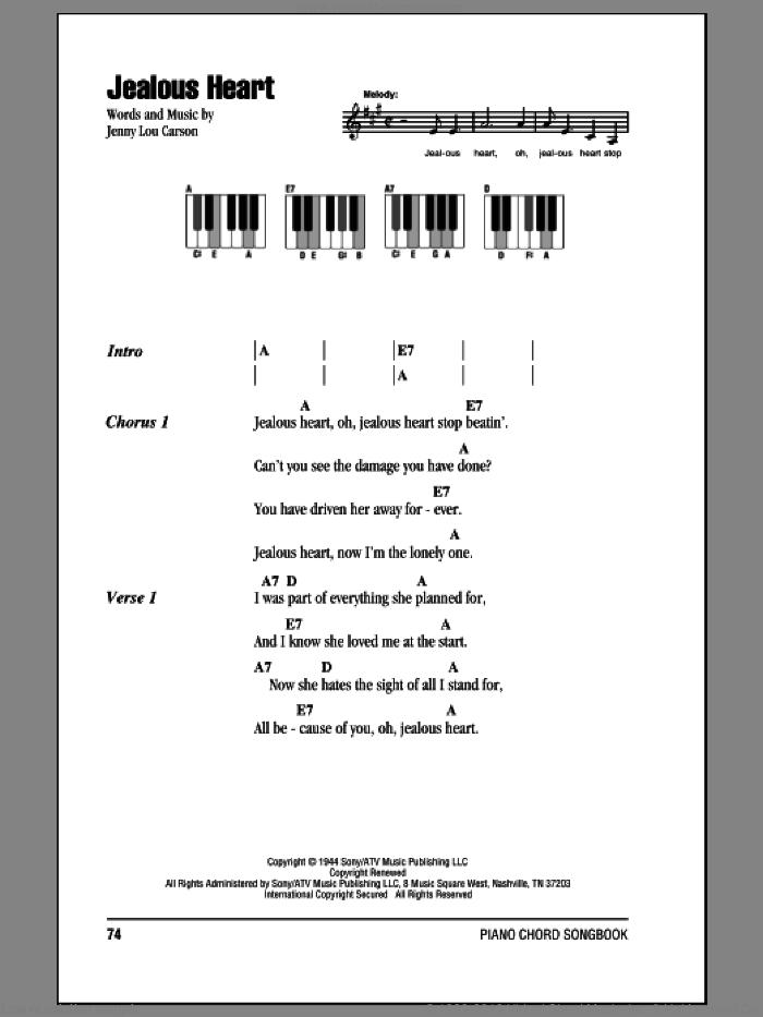 Jealous Heart sheet music for piano solo (chords, lyrics, melody) by Tex Ritter and Jenny Lou Carson, intermediate piano (chords, lyrics, melody)