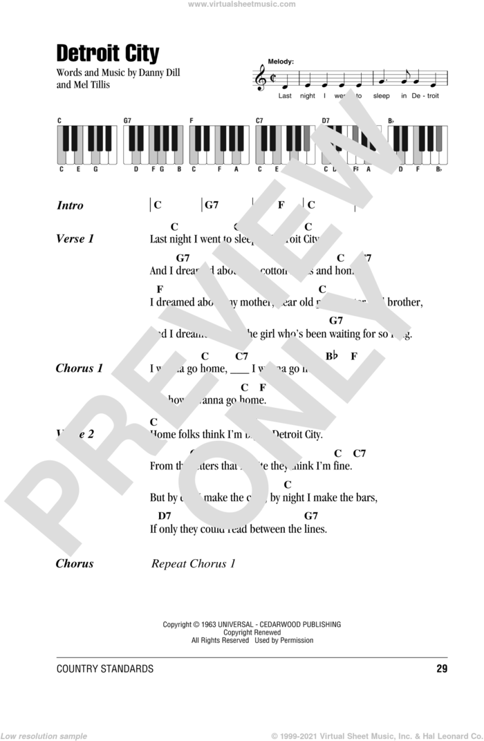 Detroit City sheet music for piano solo (chords, lyrics, melody) by Bobby Bare, Danny Dill and Mel Tillis, intermediate piano (chords, lyrics, melody)
