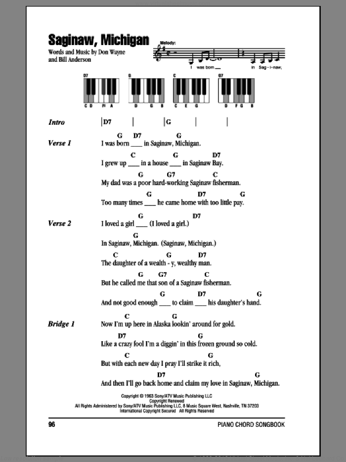 Saginaw, Michigan sheet music for piano solo (chords, lyrics, melody) by Lefty Frizzell, Bill Anderson and Don Wayne, intermediate piano (chords, lyrics, melody)