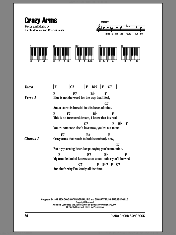 Crazy Arms sheet music for piano solo (chords, lyrics, melody) by Ray Price, Charles Seals and Ralph Mooney, intermediate piano (chords, lyrics, melody)