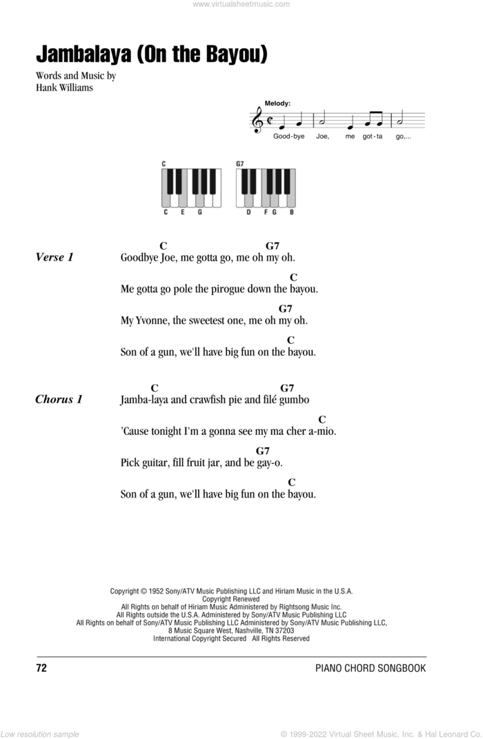 Jambalaya (On The Bayou) sheet music for piano solo (chords, lyrics, melody) by Hank Williams, intermediate piano (chords, lyrics, melody)