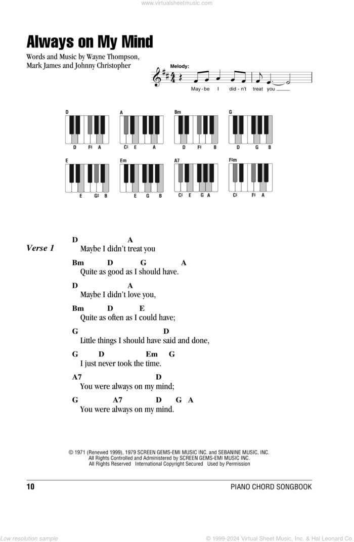 Always On My Mind sheet music for piano solo (chords, lyrics, melody) by Willie Nelson, Johnny Christopher, Mark James and Wayne Thompson, intermediate piano (chords, lyrics, melody)