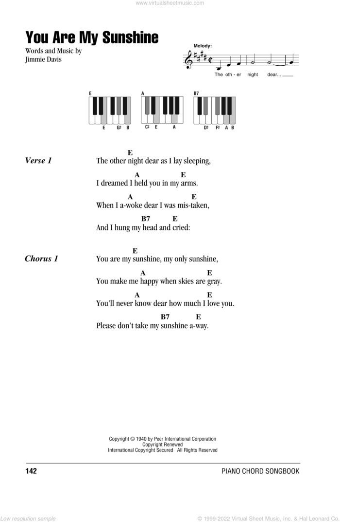 You Are My Sunshine sheet music for piano solo (chords, lyrics, melody) by Jimmie Davis, intermediate piano (chords, lyrics, melody)