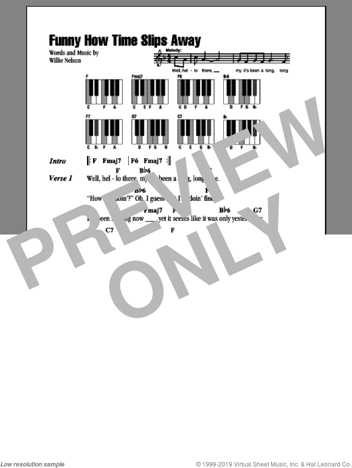 Funny How Time Slips Away sheet music for piano solo (chords, lyrics, melody) by Willie Nelson, intermediate piano (chords, lyrics, melody)